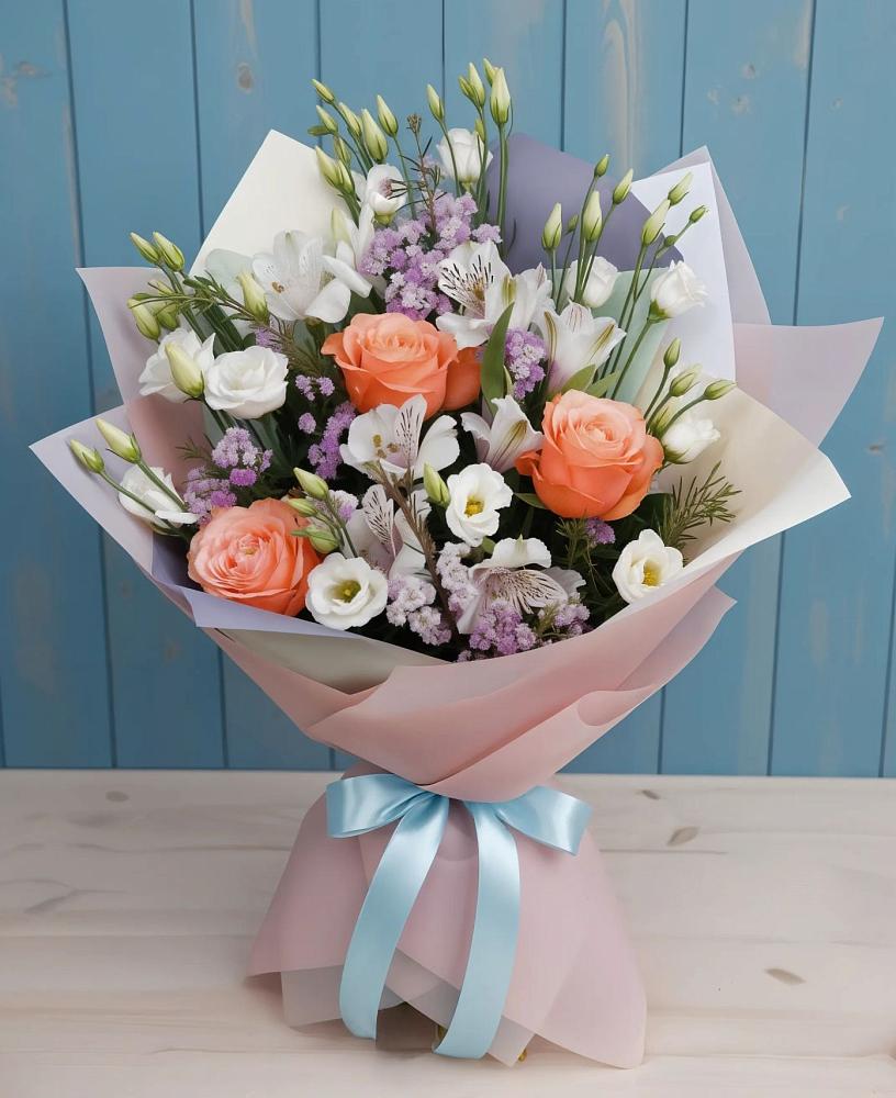 Букет цветов из: Лизиантусы, Розы, Альстромерии и Гипсофила в Мирном Республика Крым