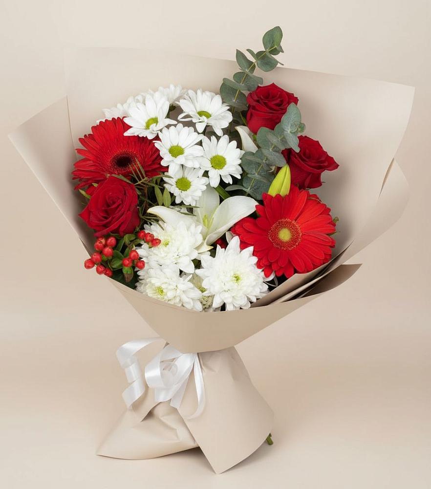 Букет цветов из: Розы, Хризантемы, Герберы и Лилии в Мирном Республика Крым